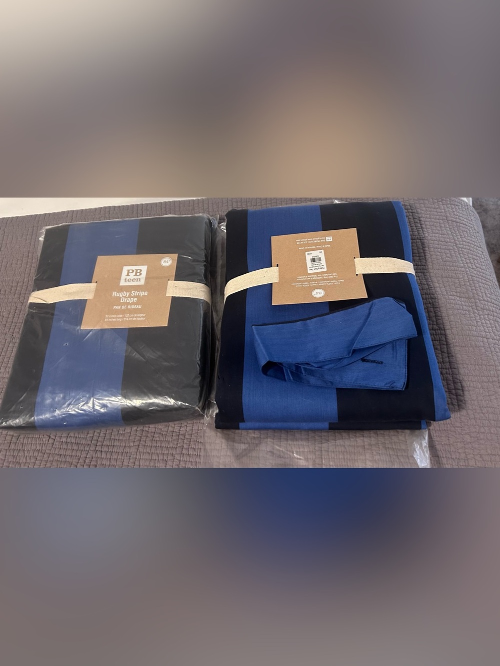 NEW PB Teen Rugby Navy and Royal Blue Stripe Drapes (Set of 2) 52 X 84 Inches.